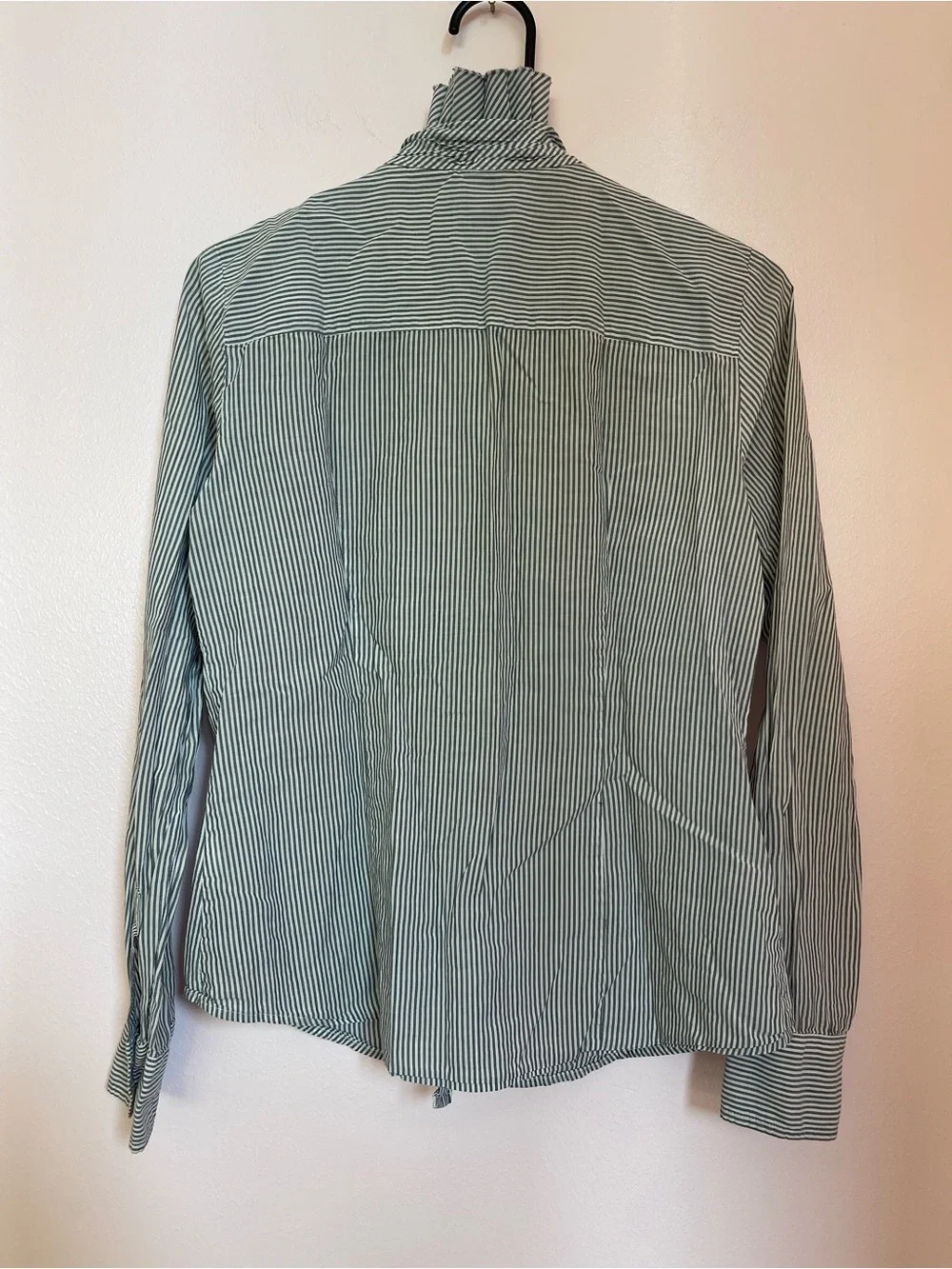 J. Crew Green and White Striped Ruffle Button-Down Blouse
